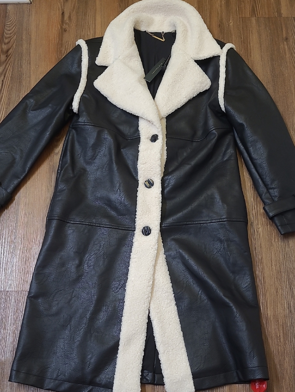 Elie Tahari Black Faux Leather Trench with Cream Sherpa Trim for women size s
